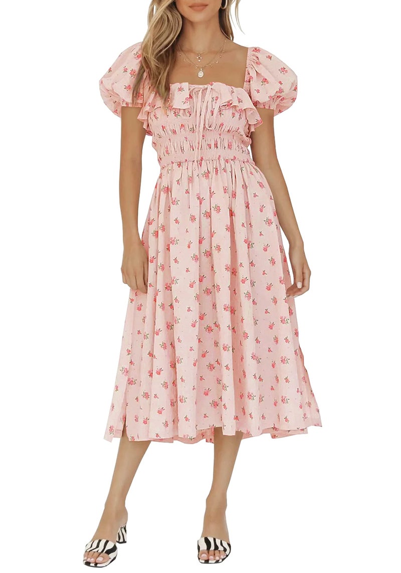 R.Vivimos Womens Summer Floral Print Puff Sleeves Vintage Ruffles Midi Dress (Large, Pink) - Image 2